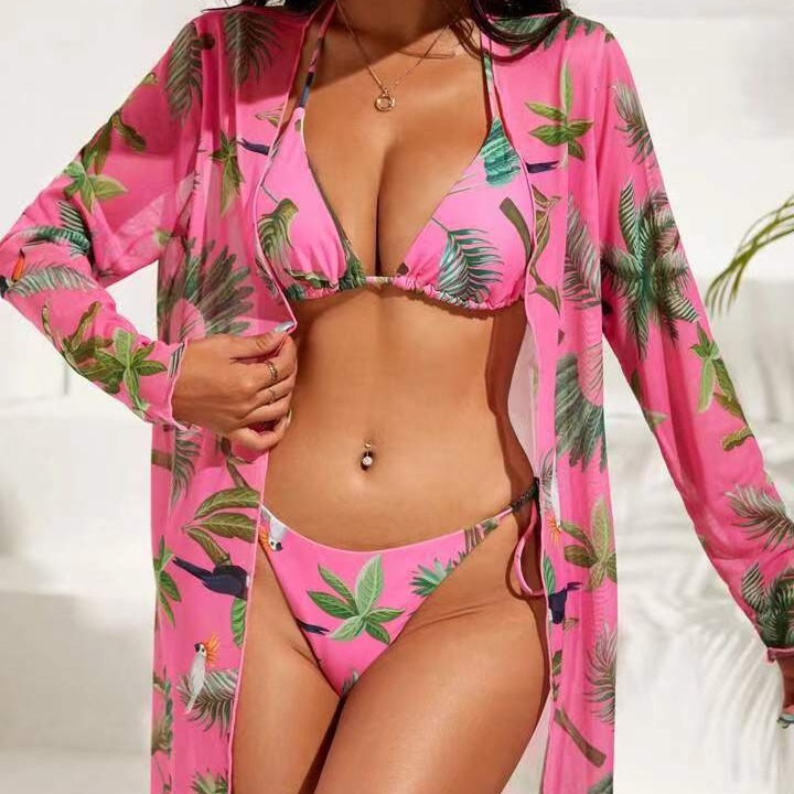 New European and American Amazon AliExpress Foreign Trade Cross-border Swimsuit 2024 Women's Printed Mesh Three-piece Blouse Swimsuit