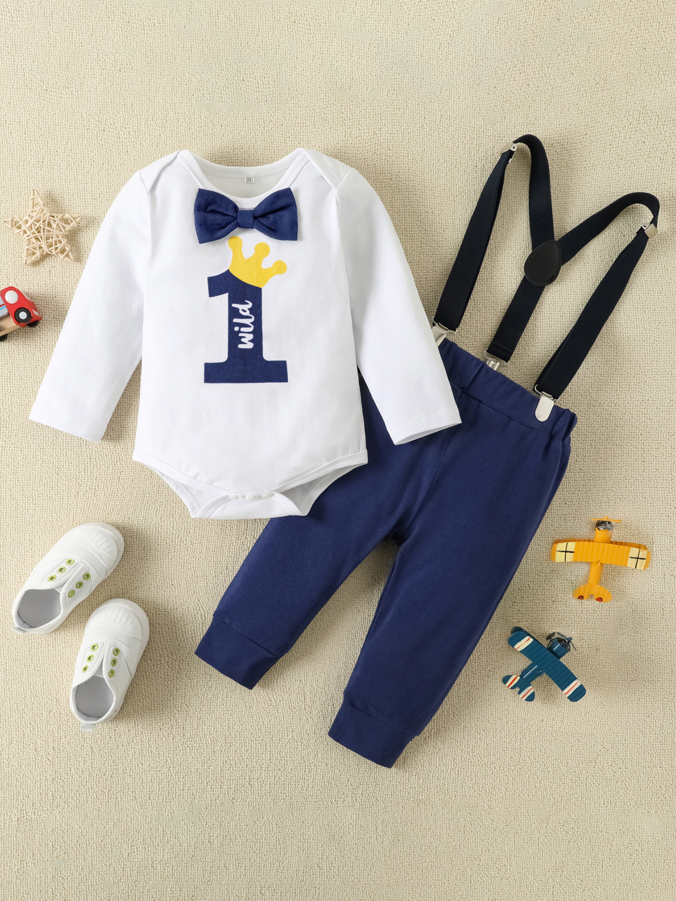 European and American Baby Boy 1 year old ONE letter printing bow tie birthday gentleman cotton suit two-piece set