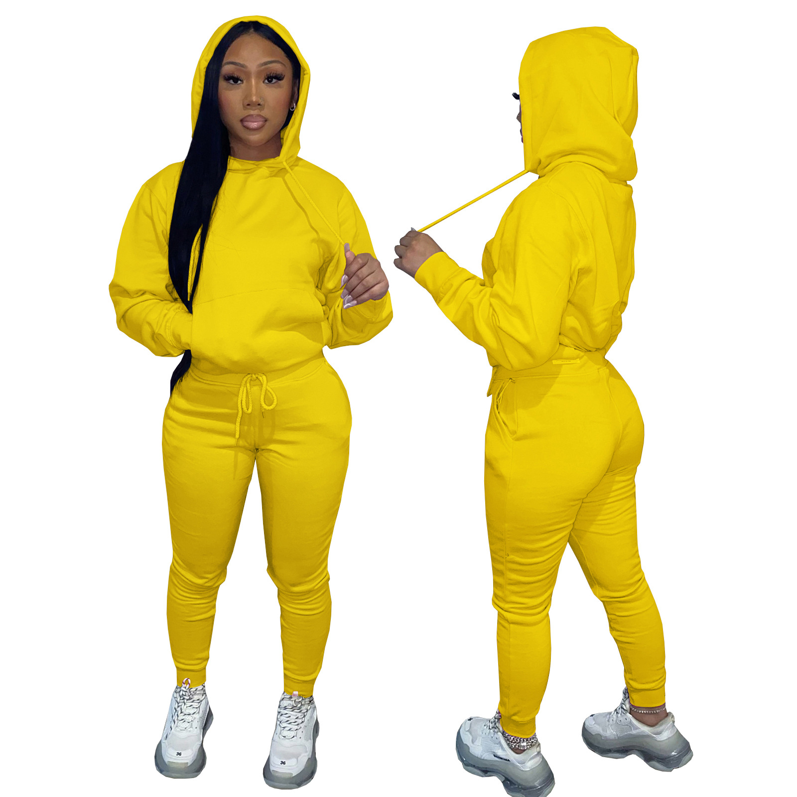 HR8197 European and American women's clothing  independent station supply autumn and winter plus velvet drawstring hooded two-piece set_voghion.com