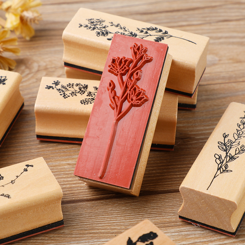 Exquisite Wooden Flowers and Plants Set Seal Creative Fresh Plant Hand Account DIY Photo Album Decorative Seal 8 Selection