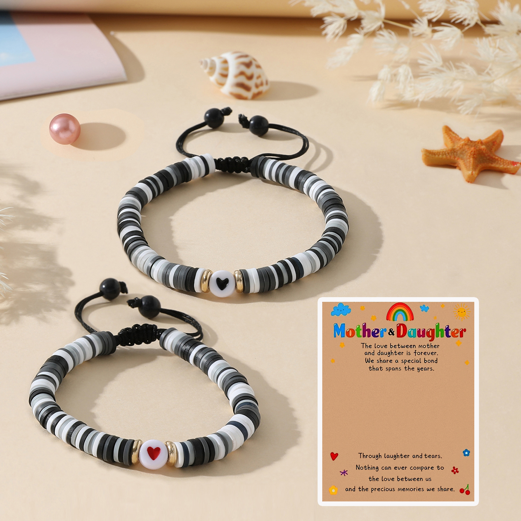 Cross-border Jewelry Temu Hot Mother's Day Bracelet Creative Soft Pottery Beaded Heart-shaped Mother and Daughter Parent-child Hand Rope for Women