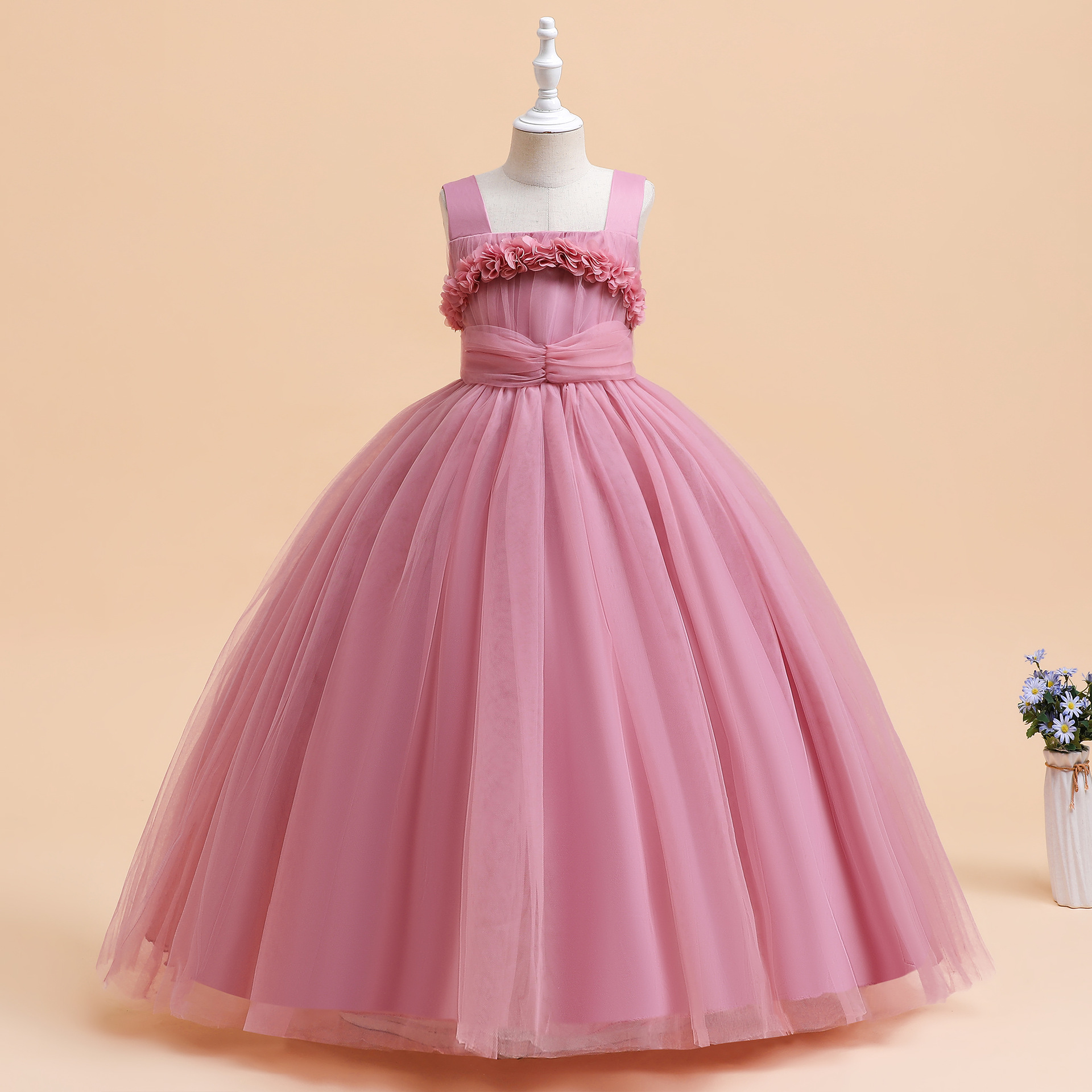 跨境歐美公主裙小女孩禮服女童主持人走秀生日洋氣連衣裙兒童長裙