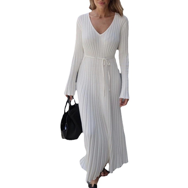 Autumn and winter New knitted dress casual tight waist V-neck large pit stripe slimming knitted dress for women (thickened version)