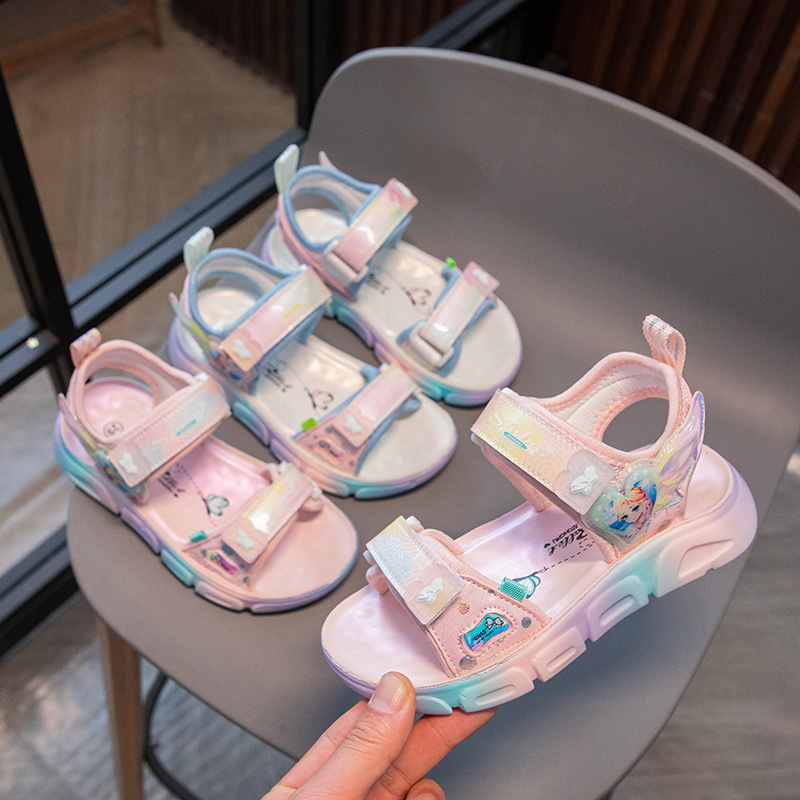 Children's Cartoon Polyurethane Sports Sandals New Girl's Toe-Show Princess Sandals Soft Sole Comfortable Student Shoes