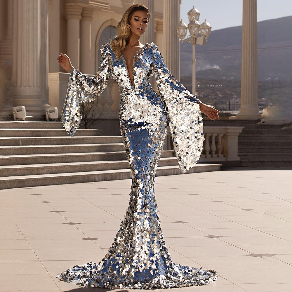 2024 Cross-border Spring New European and American Women's Sexy Sequin Dress Silver Banquet Dress Hip Evening Dress