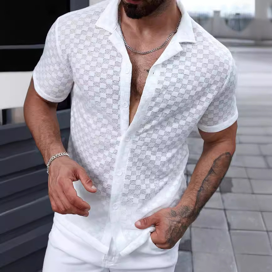 2024 Fashion Men's Solid Color Lace Hollow Comfortable Casual Shirt