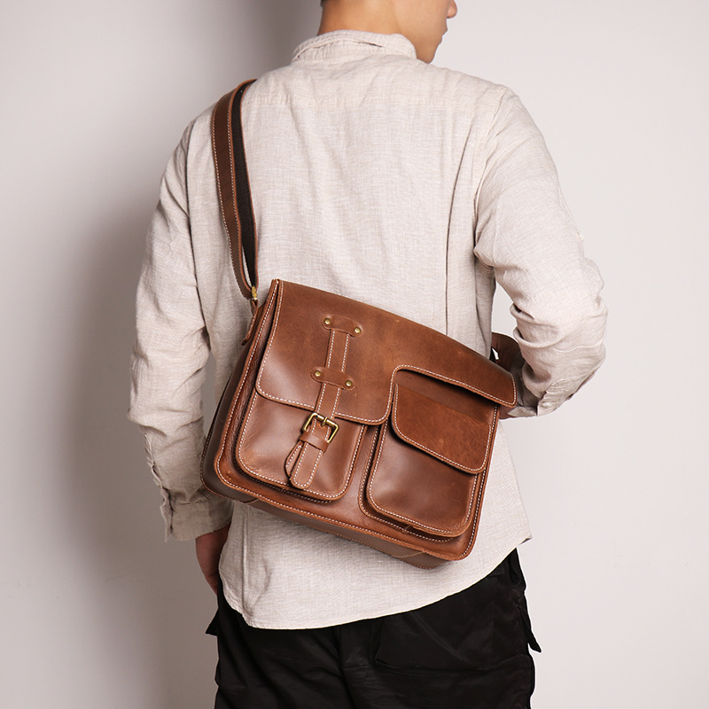 Factory New Men's Genuine Leather Horizontal Shoulder Bag Crazy Horse Leather Women's Crossbody Bag Top Layer Cowhide Large Capacity Messenger Bag