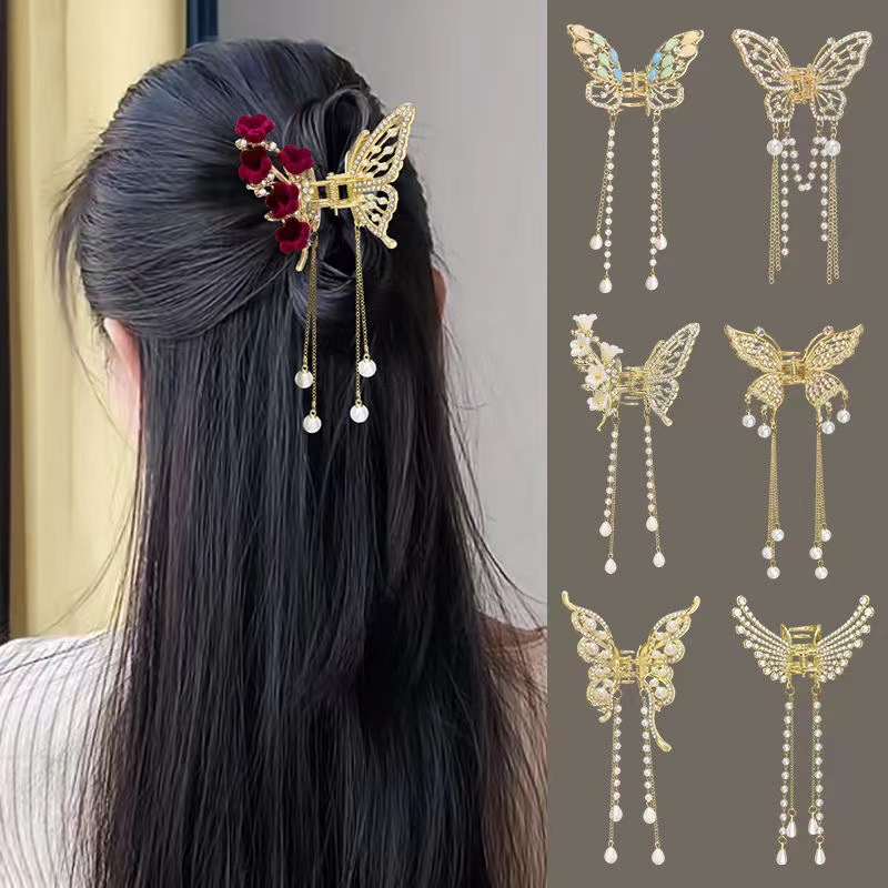 Metal butterfly hairpin women's high-grade temperament half-tie hair tassel pendant hair accessories 2023 new back head clip_voghion.com
