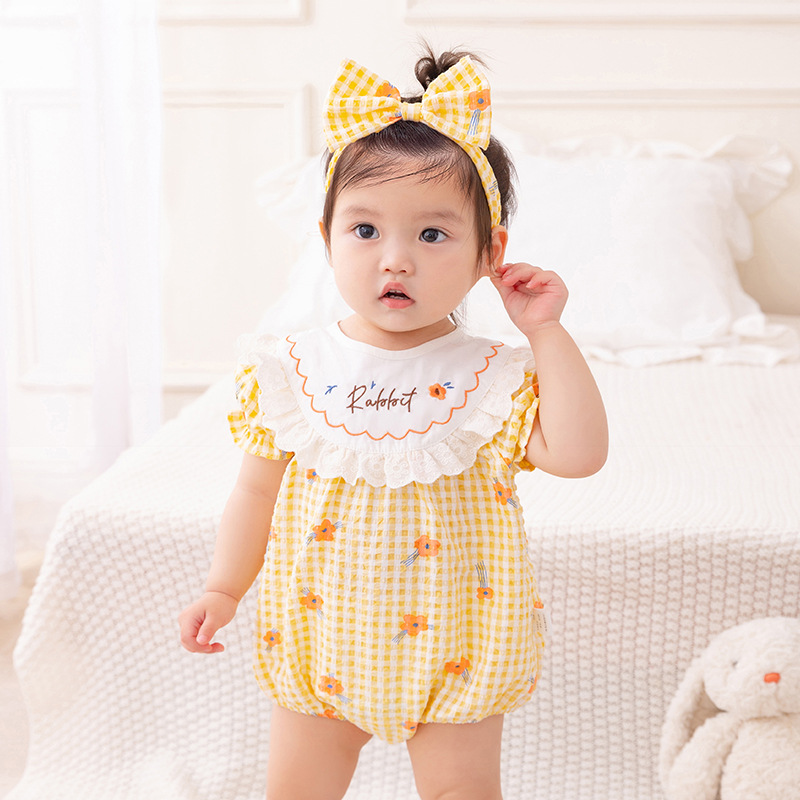 Girls' Summer Thin jumpsuit Newborn Baby Plaid jumpsuit Baby Triangle Bag Fart Clothes Hare Clothes 3121
