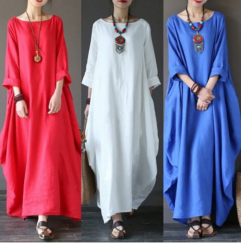2024 Spring and Summer New Amazon AliExpress wish Artistic Loose Large Size Cotton and Linen Dress