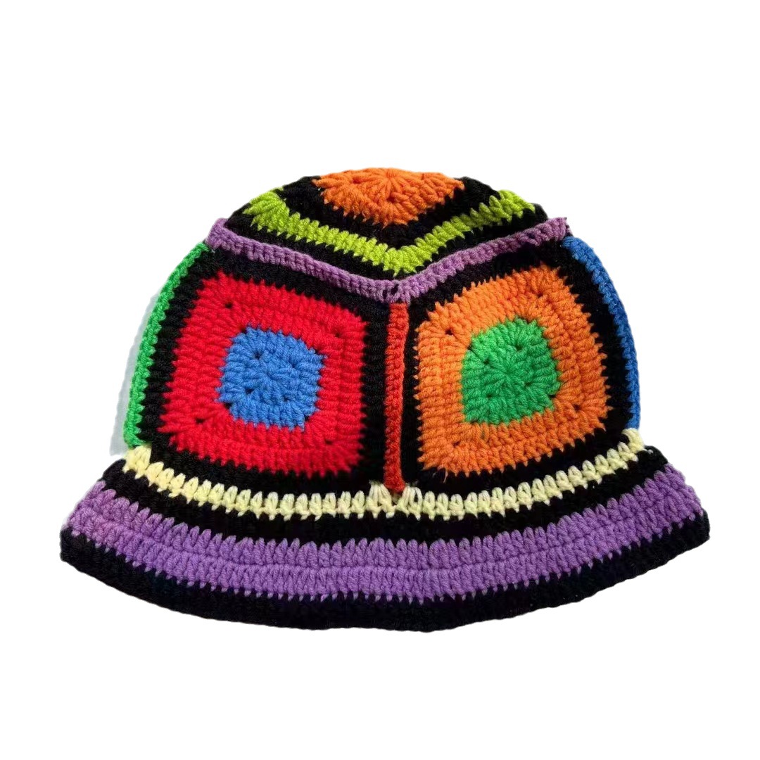 Spring and summer new style Japanese ethnic style colorful hand-knitted fisherman hat for women, sweet and versatile, small color-blocked basin hat that shows face