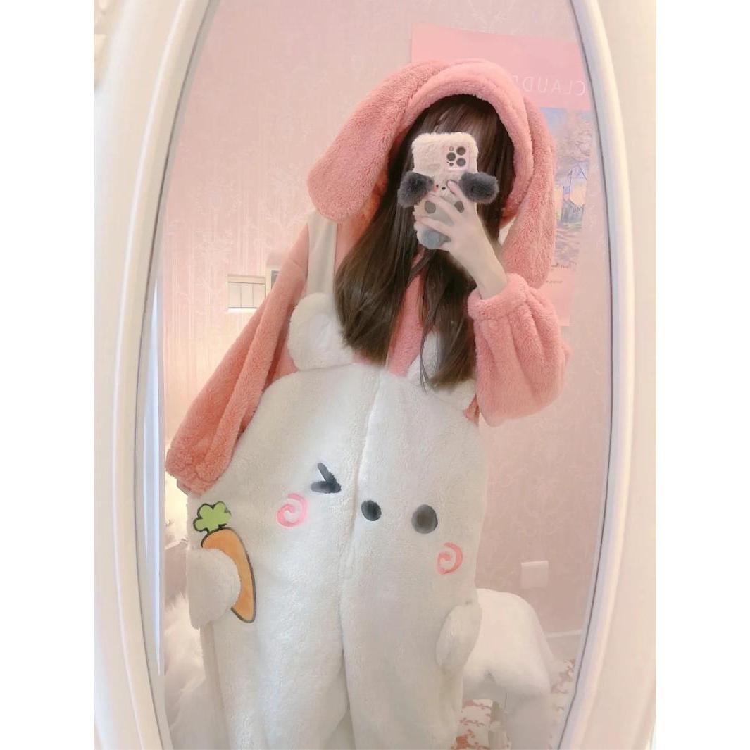 Winter soft girl rabbit pajamas fleece-lined thickened coral fleece cute one-piece pajamas female cartoon small homewear