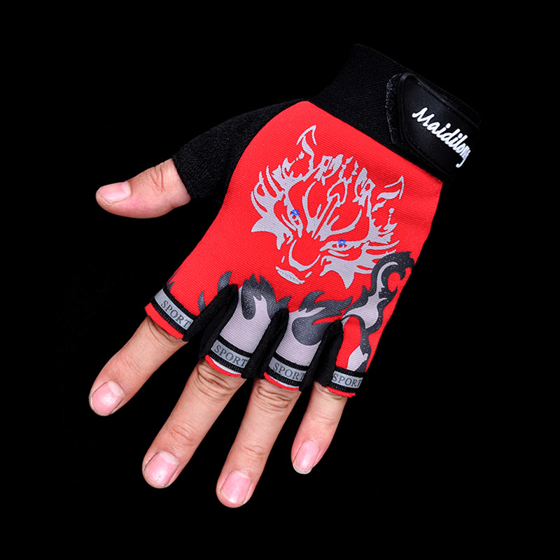 Half Finger Gloves Men's and Women's Autumn and Winter Sports Riding Breathable Fleece-Lined Children's Finger Half Warm Non-Slip Wolf Head Gloves
