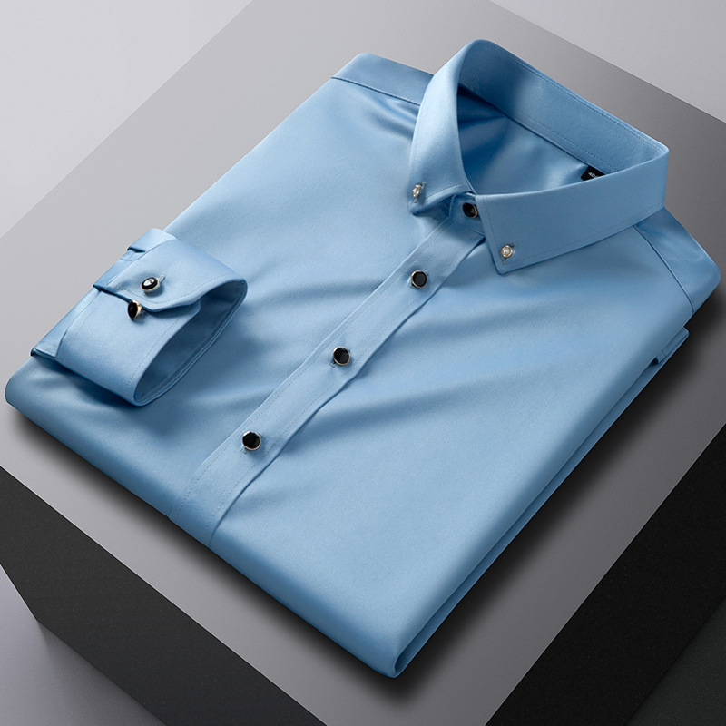 2025 New Men's Long-sleeved Shirt with Diamond Button Elastic Comfortable Non-iron Business Casual Shirt Korean Style Slim-fit Men's Wear