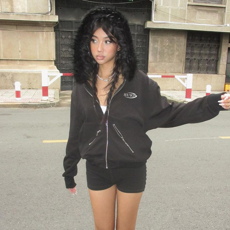 2024 Foreign Trade New Black Zipper Split Printing Plush Hooded Sweatshirt High Street BF Wind Loose Warm Jacket