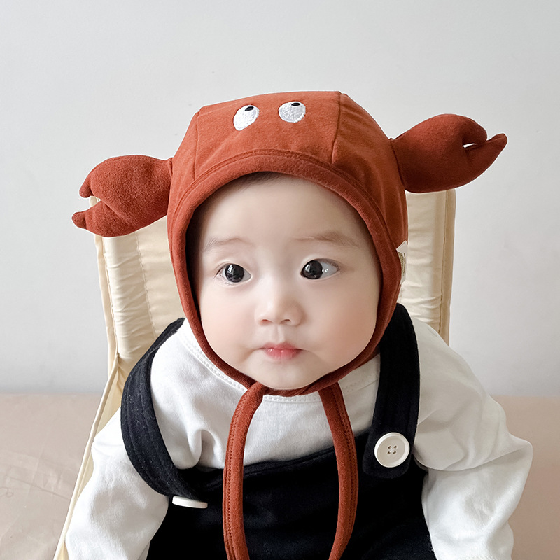 秋南 嬰兒帽子秋冬ins卡通小螃蟹綁帶套頭帽嬰幼兒護耳寶寶胎帽