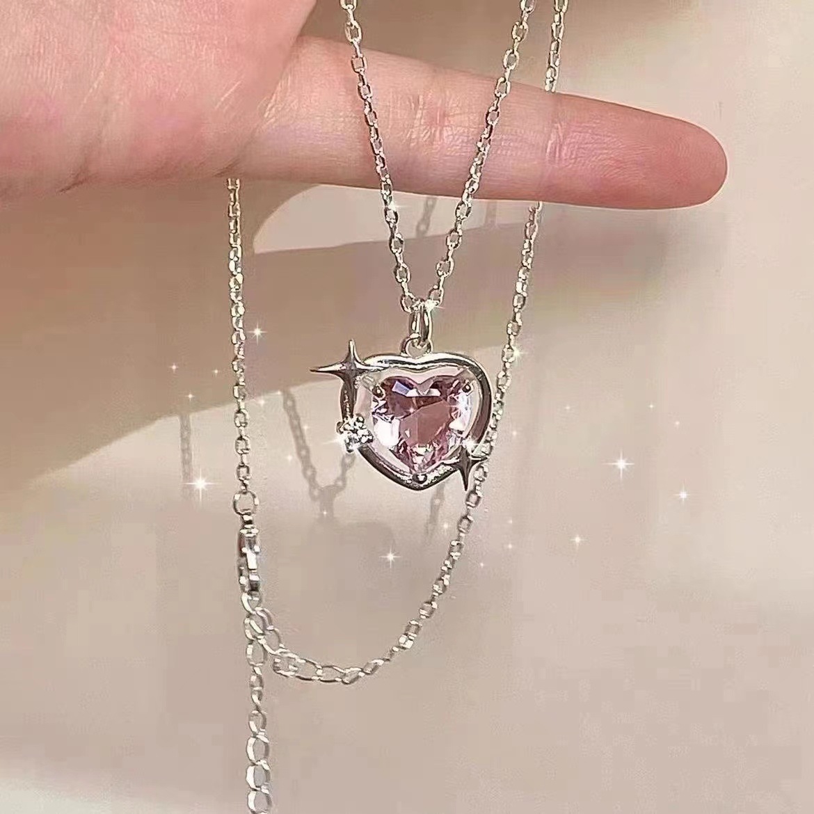 桃色星系項鍊小眾設計愛心水晶吊墜美少女百搭鎖骨鏈送閨蜜女朋友