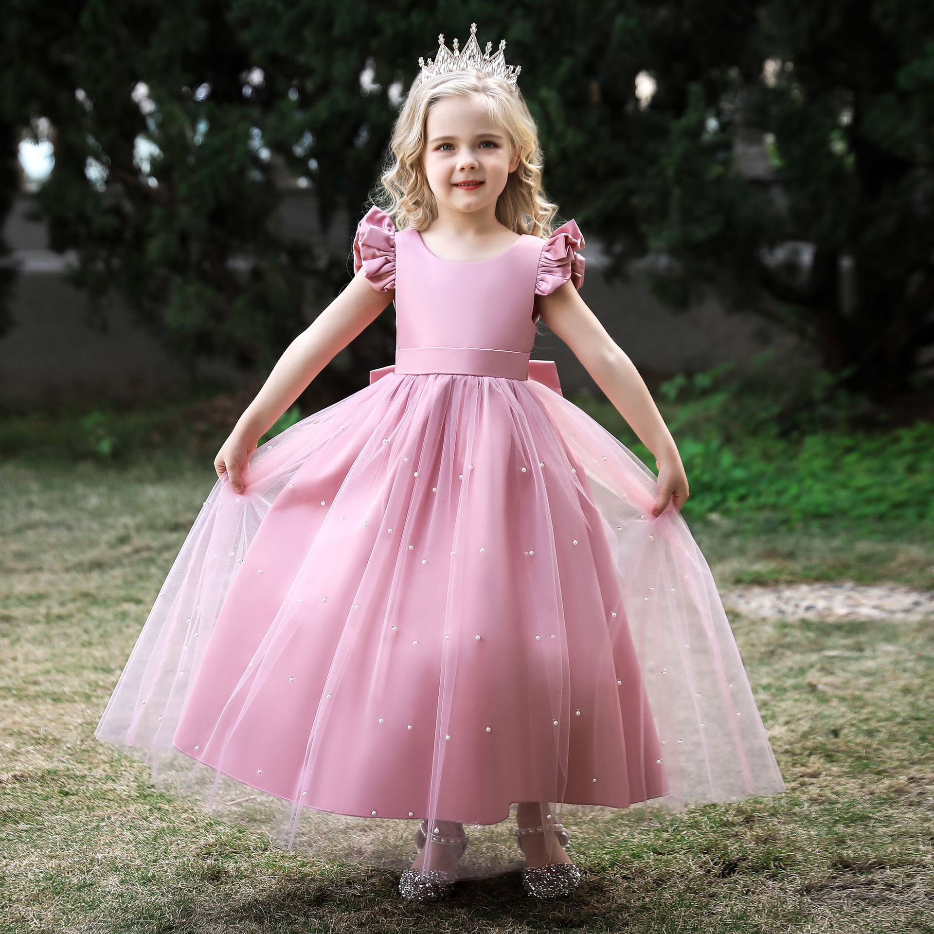 European and American Children's Dress Flower Child Princess Dress Formal Dress for Girls with Bow Long Dress Piano Performance Dress Puffed Wedding Dress Formal Dress