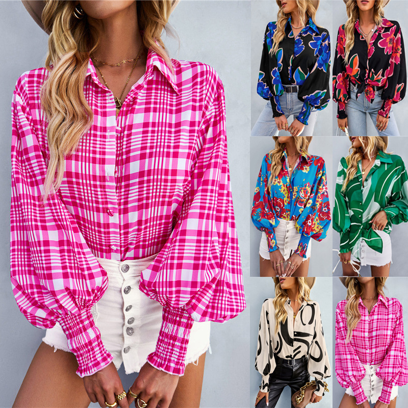 European and American Explosions 2023eBay Amazon Spring Long Sleeve Joker Top Fashion Lantern Sleeve Printed Women's Shirt
