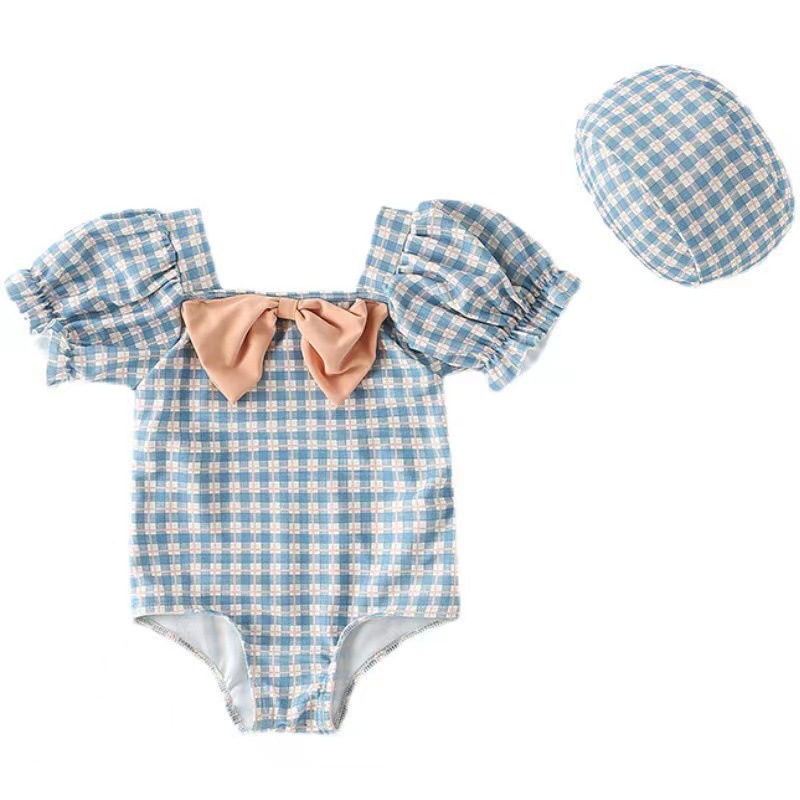 2023 new children's one-piece swimsuit girls' bow Plaid swimsuit cross beauty back elastic puff sleeve swimsuit