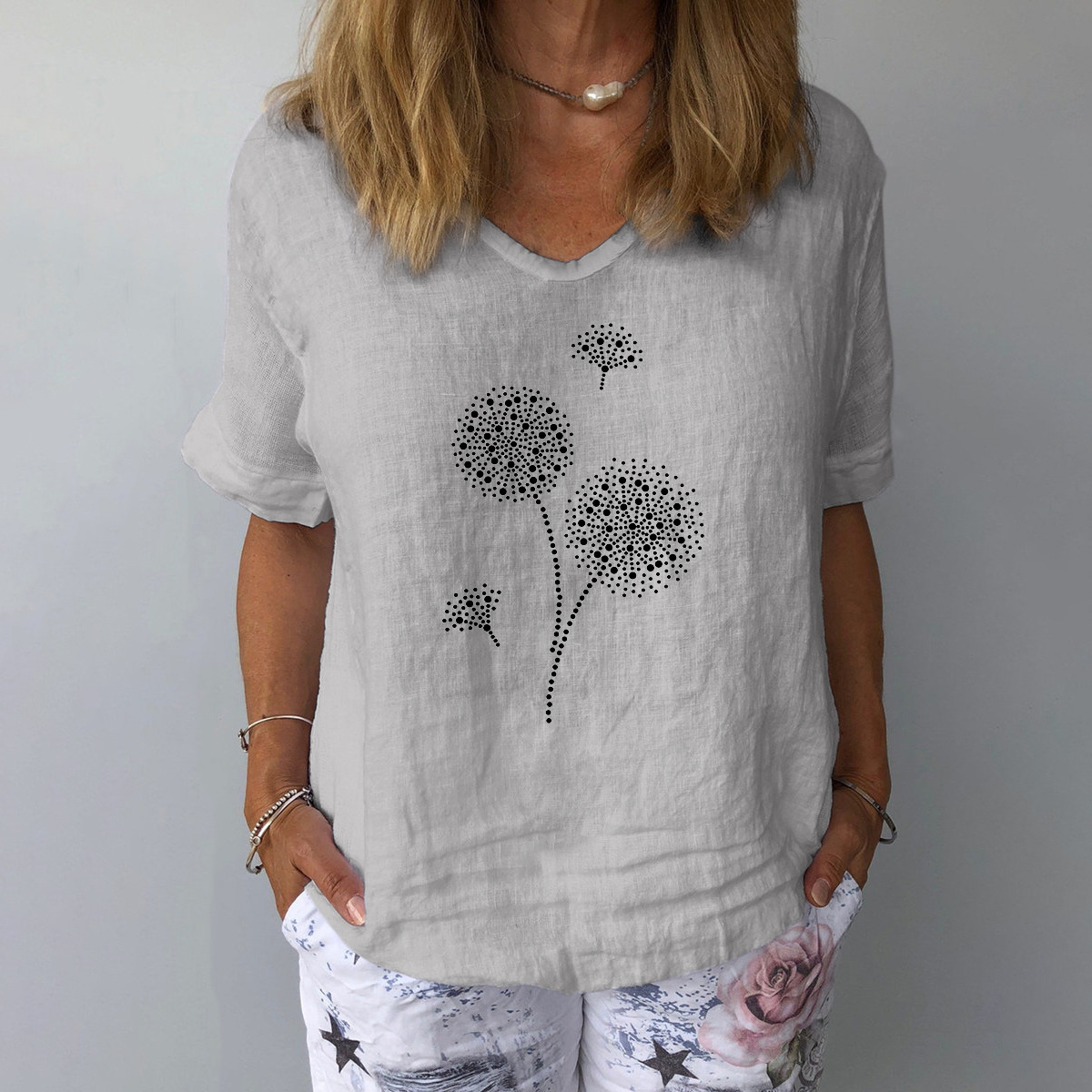 2023 Amazon Independent Station Europe and America Cross-border Best Selling Short-sleeved Cotton and Linen Loose Casual Pu Gongying Printed Top
