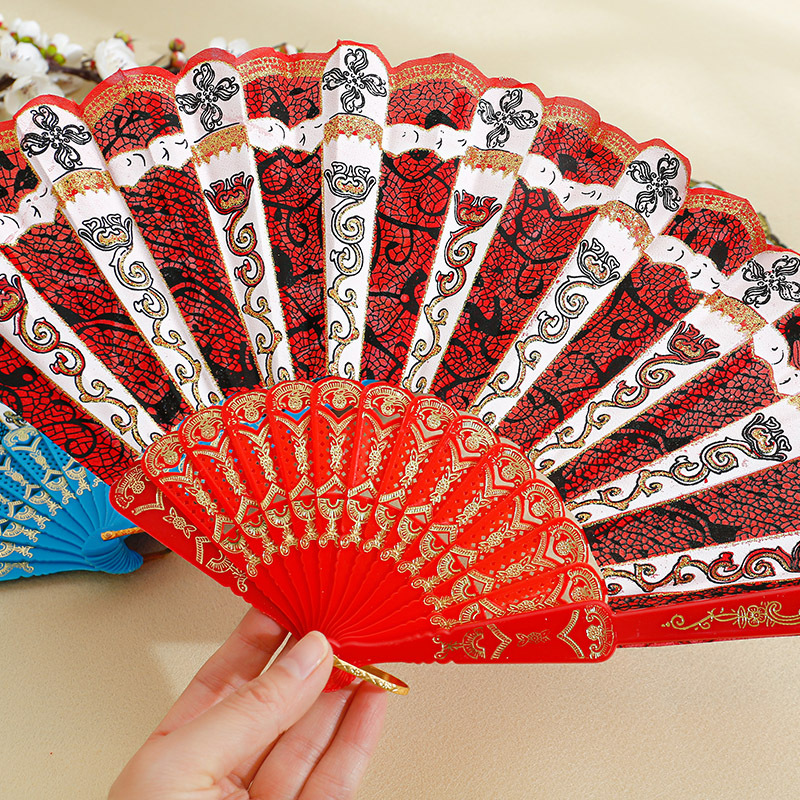 Spanish gold-plated folding fan with plastic fabric surface printing, classical European style dance cross-border handheld folding fan
