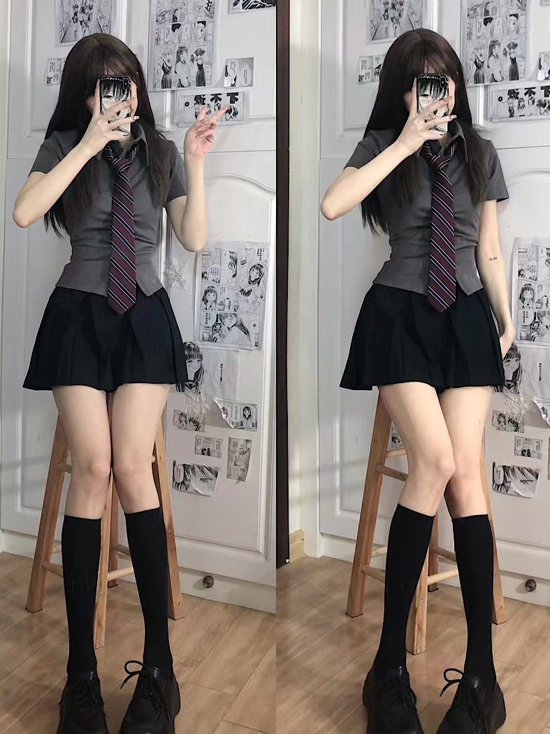 Pure Wish Waist jk Shirt Pleated Design Hot Girl Short Sleeve Summer Slim Look Top Slim Fit Sexy Grey Shirt Trendy