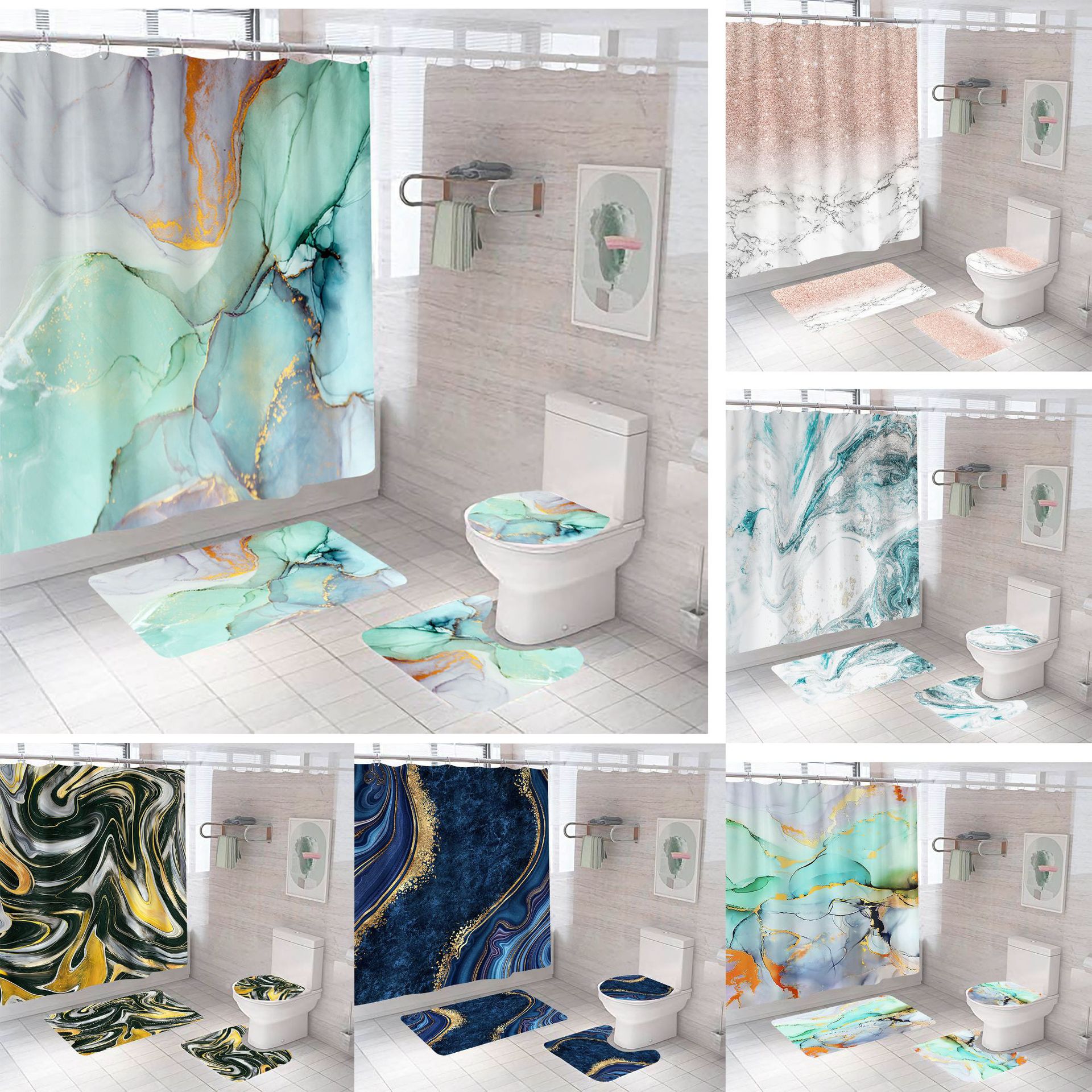 Bathroom curtain polyester 3d printed shower curtain waterproof shower curtain marbling shower curtain suit non-slip mat four-piece set