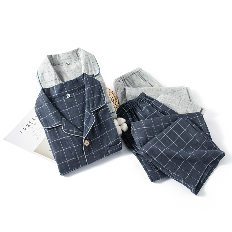 Pure Cotton non-printed large plaid double-layer yarn men's good long short-sleeved trousers pajamas home wear suit one-piece delivery