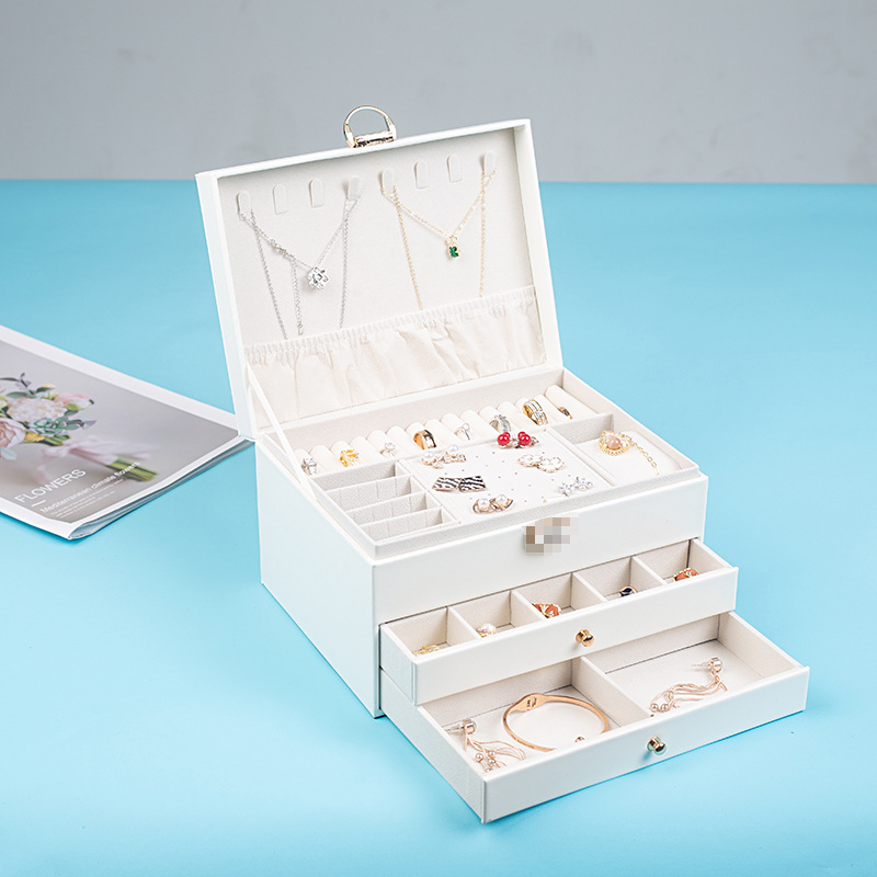 Jewelry Storage Box Large Capacity Three-Layer New Diamond Plaid Necklace Earrings with Lock High Jewelry Drawer Jewelry Box