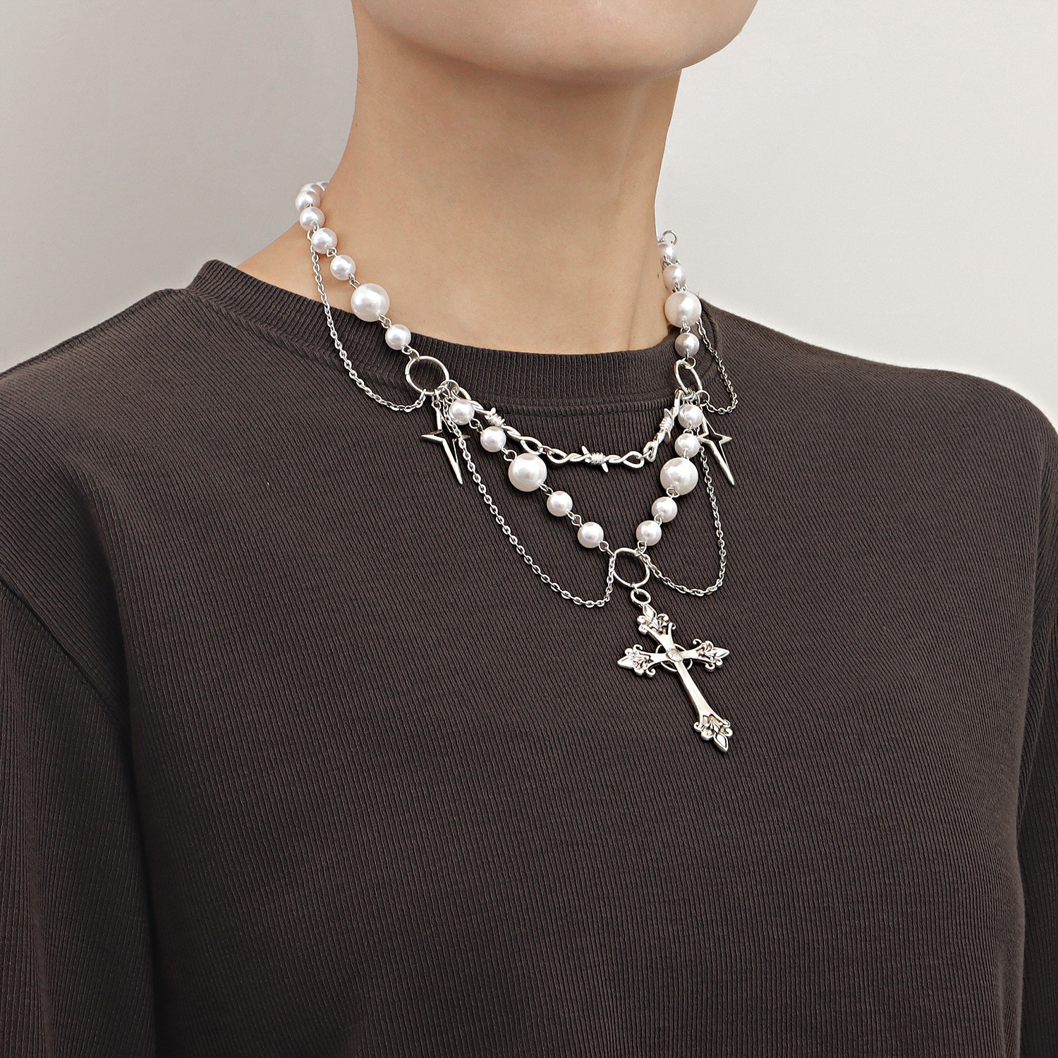 European and American Cross-border Jewelry Niche Design Double-layer Highlight Pearl Tassel Cross Star Necklace Female All-match