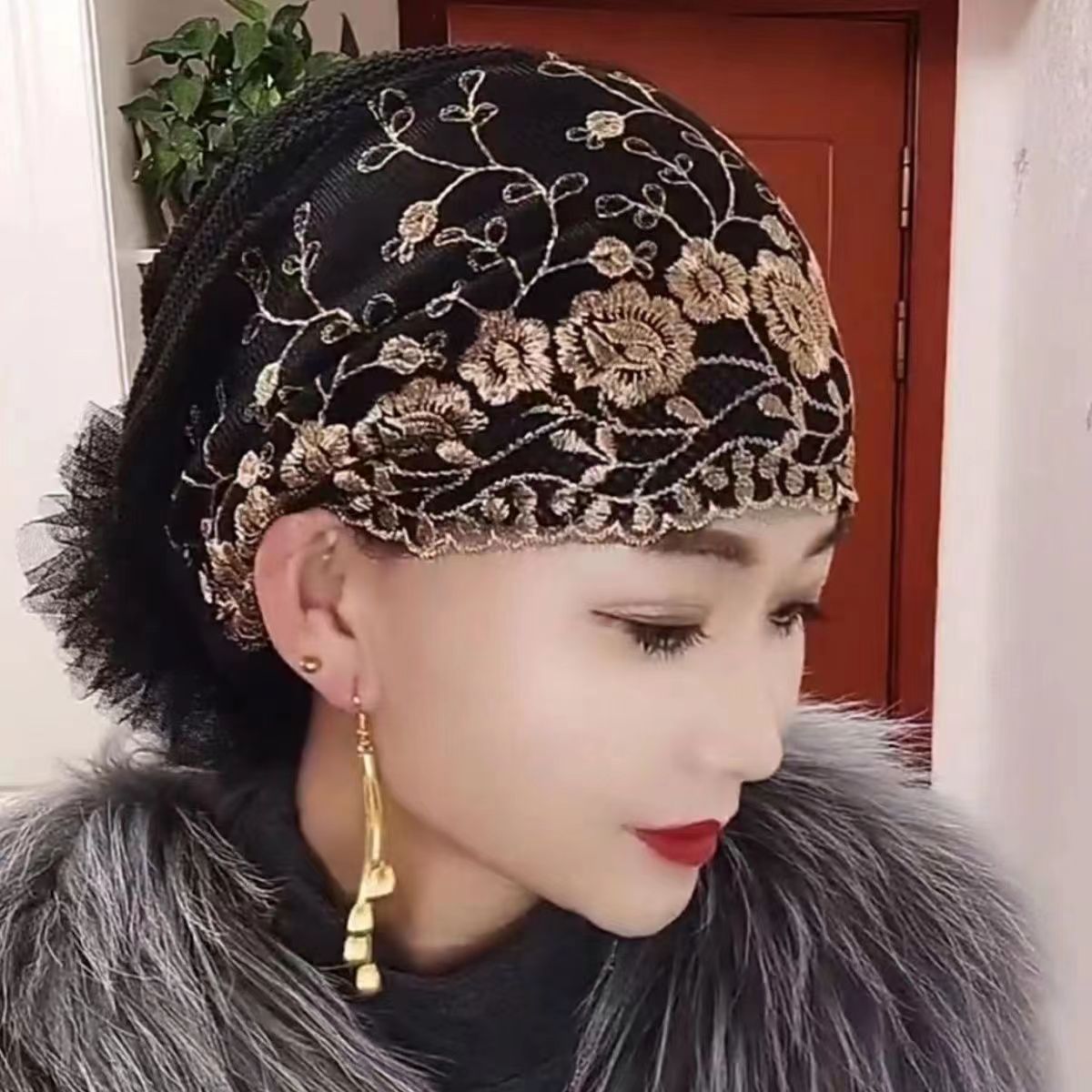 Four Seasons Embroidered Flower Bag Head Cap Thin Lace Cap Stylish White Hair Cover Cap Fashionable Home Hair Band Big Flower Cap