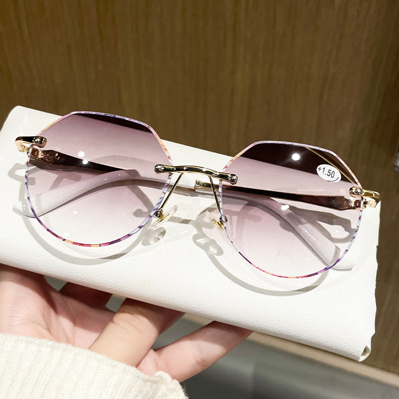 2024 new metal oval small frame reading glasses 3D lace frameless gray lens sun reading glasses wholesale