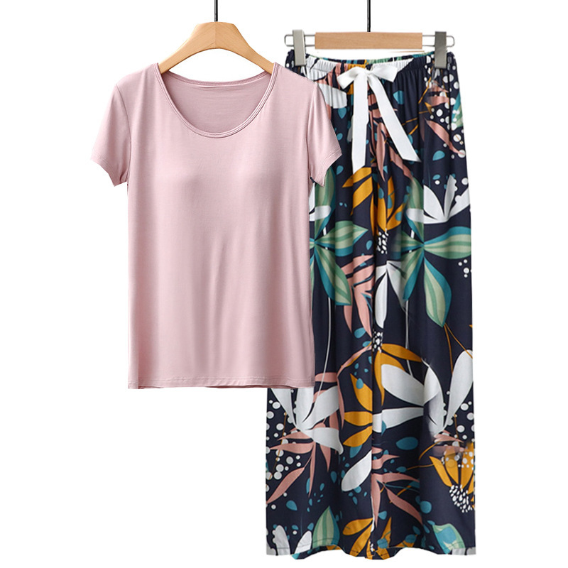 Chest pad pajamas women's cross-border Amazon spring/summer autumn modal cotton silk floral pants wear-Free Bra home wear