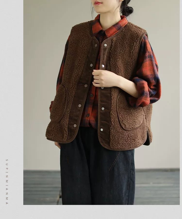 Gilet in pelliccia di agnello bifacciale per donna autunno e inverno Nuovo gilet retrò artistico ampio in velluto a coste cappotto positivo e negativo cappotto imbottito in cotone_voghion.com