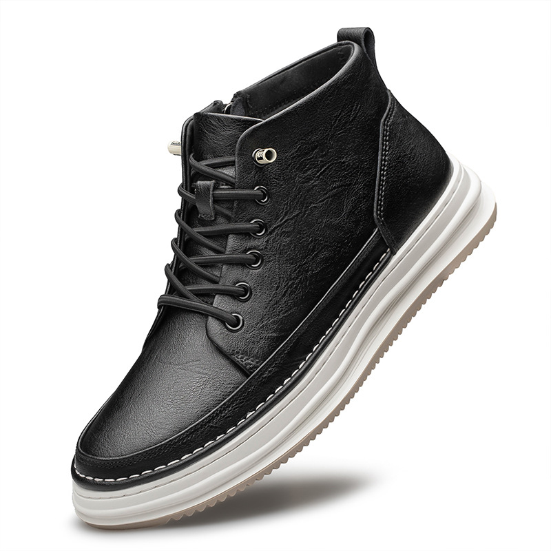 Autumn cowhide men's round toe lace-up sneakers genuine leather casual fashionable shoes men's mid-top leather shoes invisible hidden hidden height increasing men's shoes