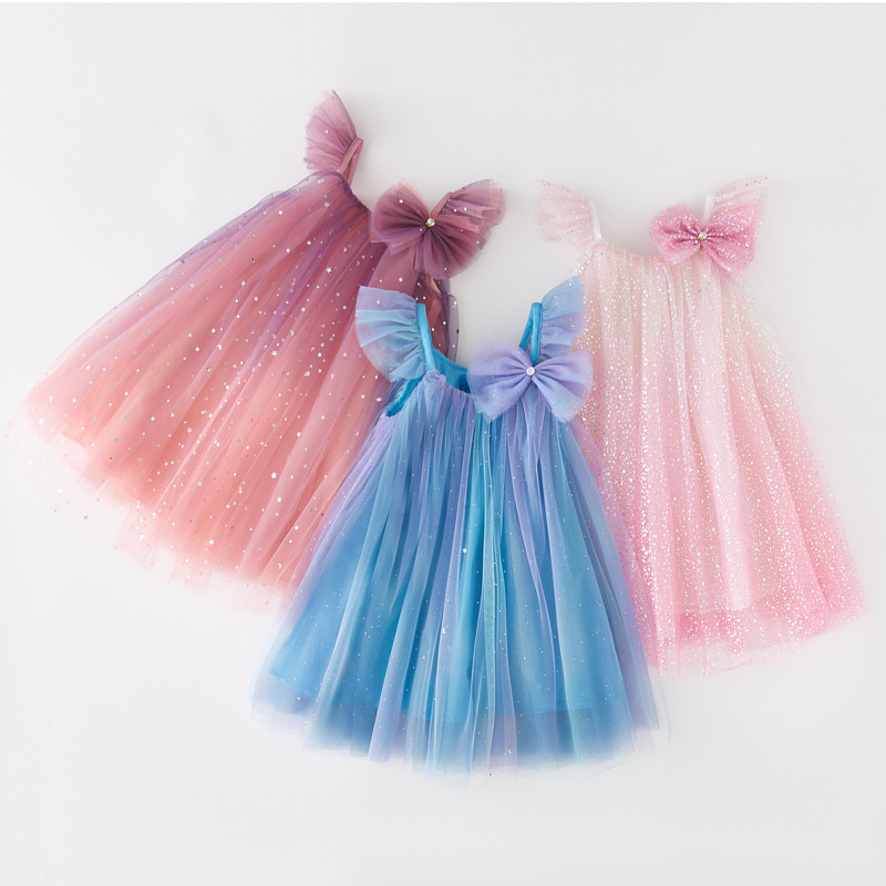 Girls' bow hair accessories mesh dress new children's stage dress flower girl princess dress sequined rainbow dress
