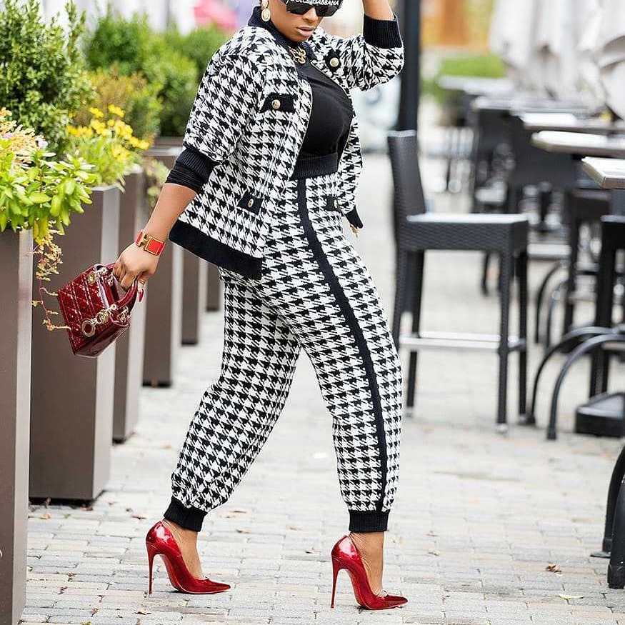 5401 cross-border women's clothing European and American fashion casual suit houndstooth printed button coat + trousers two-piece set