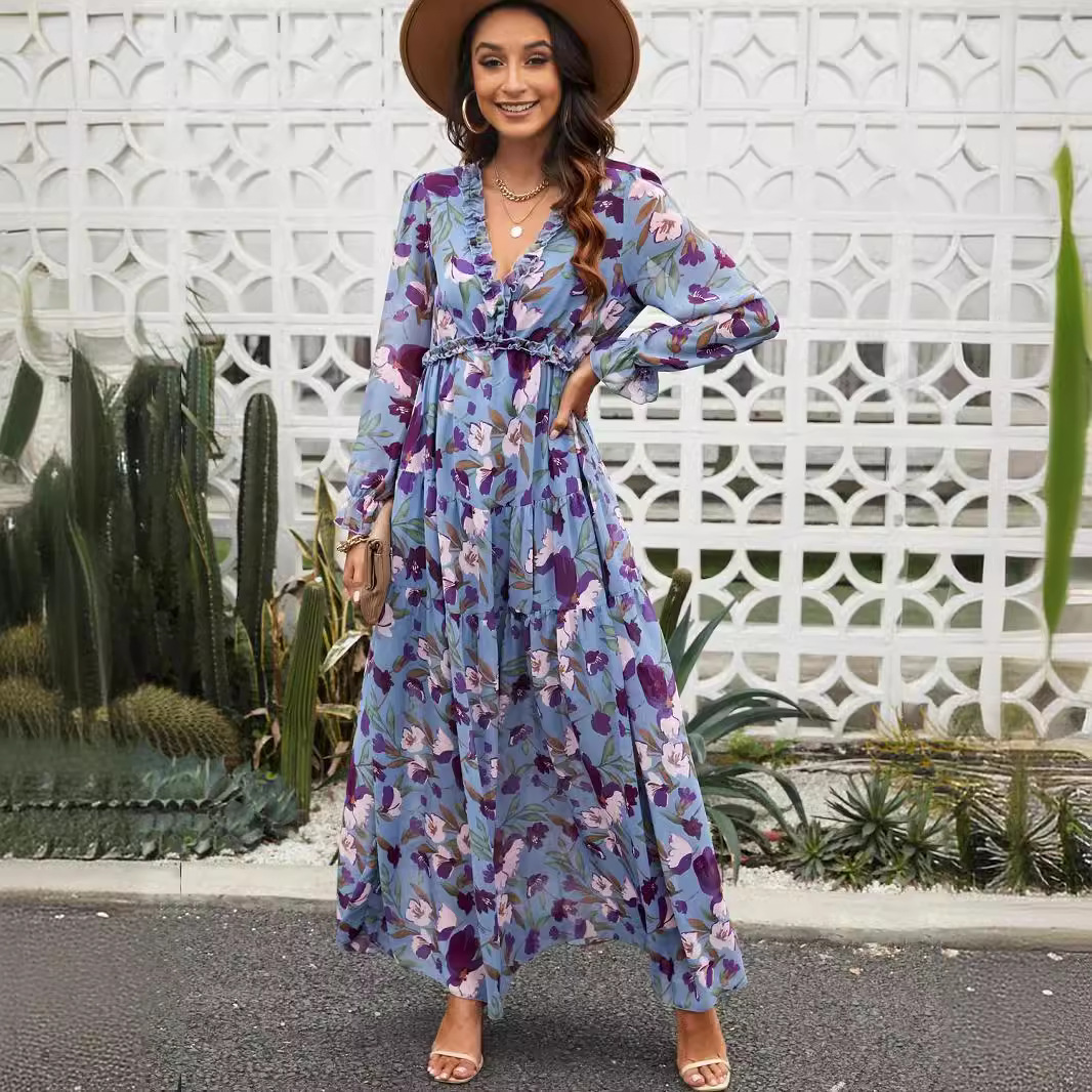 2025 cross-border new long sleeve European and American women's fashion printing fairy style long temperament evening dress dress