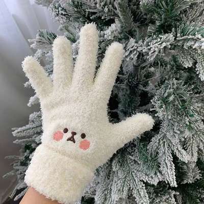 Japanese Girl's Gloves Winter Warm No Hair Drop Half Velvet Finger Embroidery Cute Soft Cartoon Outdoor