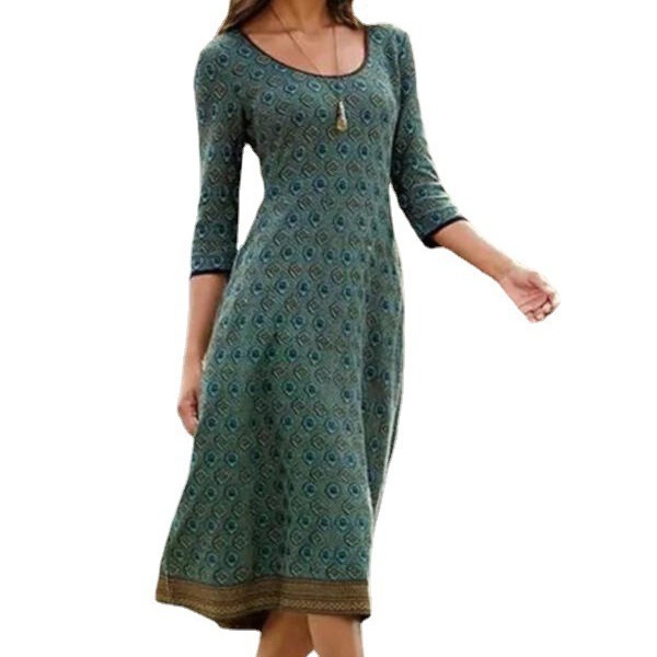Amazon 2023 Autumn and Winter Dress Cross-border Women's Round Neck Printed Long Sleeve Bohemian Style Stitching Long Dress