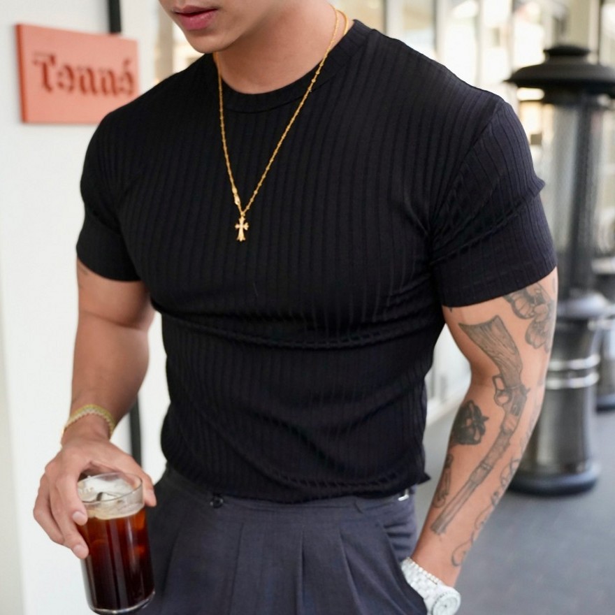 Ins Tide Brand Muscle Fitness Men's Summer Sports Fitness Leisure Round Neck Elastic Round Neck Short Sleeve Vertical Strip T-shirt