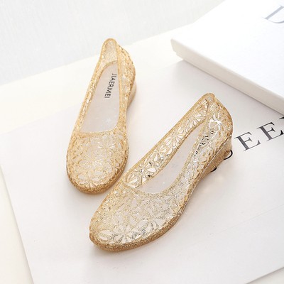 Summer Wedge Jelly Transparent Sandals Women's Crystal Plastic Flat Hollow Bird's Nest Waterproof Beach Shoes Soft Moms Shoes