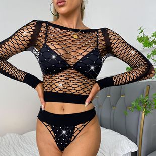 Grenzüberschreitende neue heiße Strass-Overall aus europäischem und amerikanischem Jacquard sexy Dessous aushöhlen einteiliges Mesh sexy Mesh_voghion.com