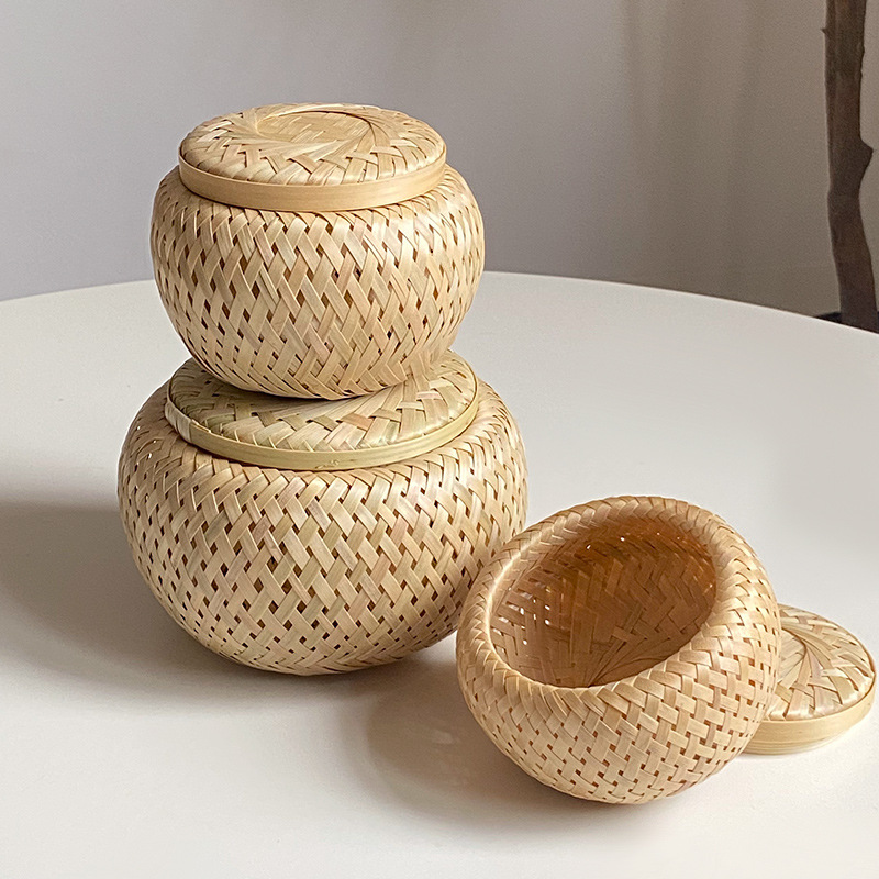 Handmade bamboo woven tea jar round double-layer bamboo basket for refreshments dried fruit snacks Snacks bamboo gift storage basket