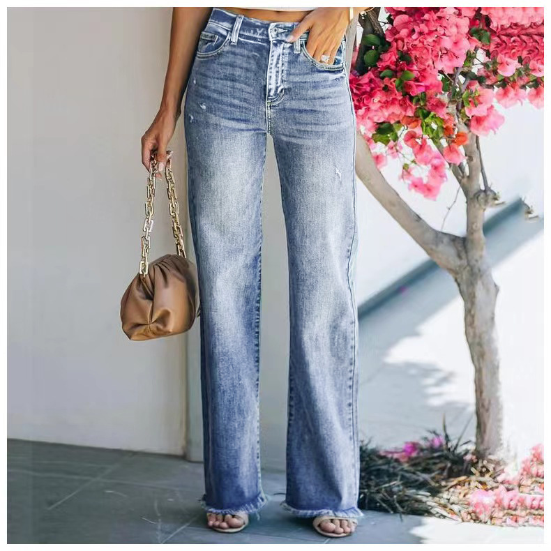 Cross-border exclusive for good quality Amazon independent station New washed raw edge jeans women's waist loose straight pants