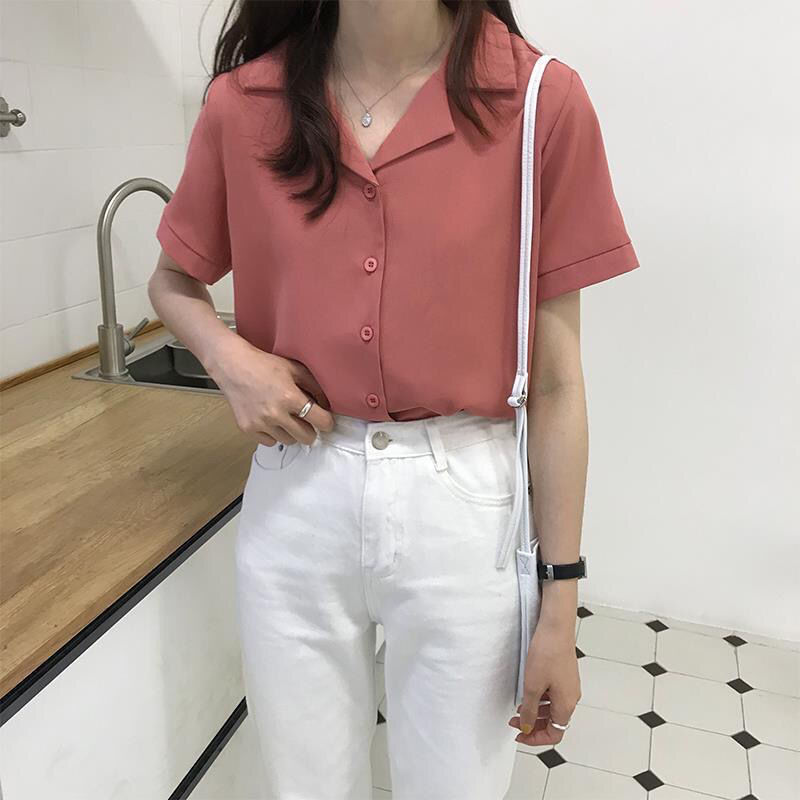 2021 Spring Clothing Academy Style Retro Korean Style Professional Suit Collar Student Summer Short Sleeve Shirt Women's Solid Color Top