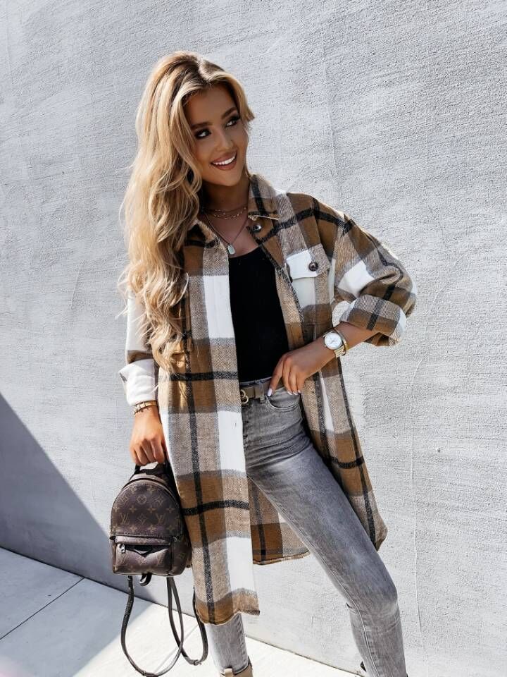Amazon AliExpress New European and American Style Straight Single Breasted Plaid Long Sleeve Shirt Large Size Jacket