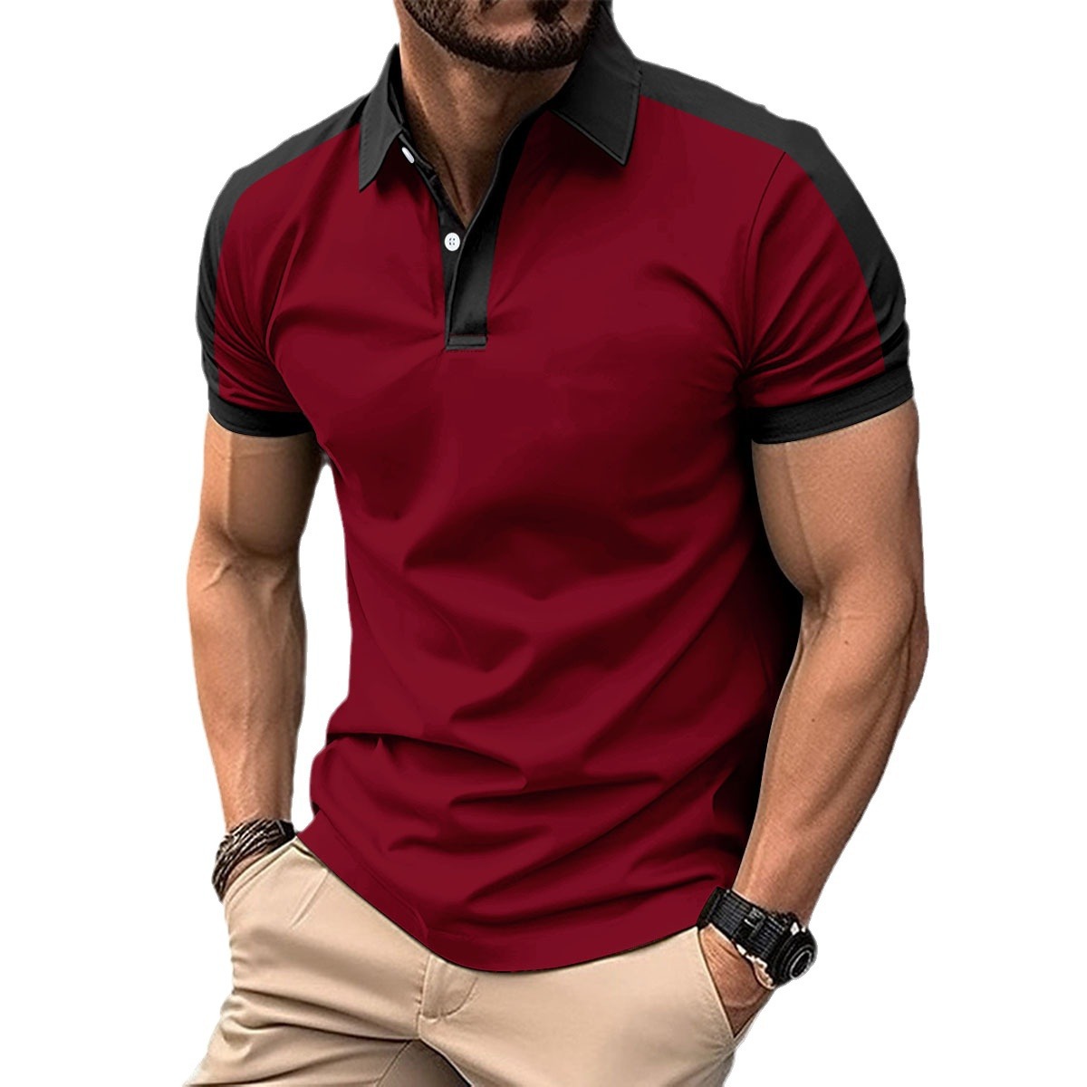 Amazon new cross-border men's casual polo shirt fashion lapel button business color matching all-match T-shirt top