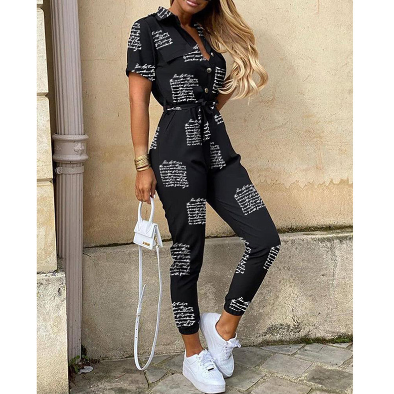 eBay Summer Amazon 2023 European and American Women's Trousers Casual Lapel Buckle Printed Belt Overalls